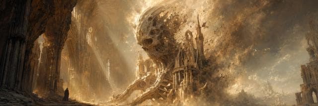 A lone figure confronts a crumbling skull among ancient ruins beneath a swirling golden sky.