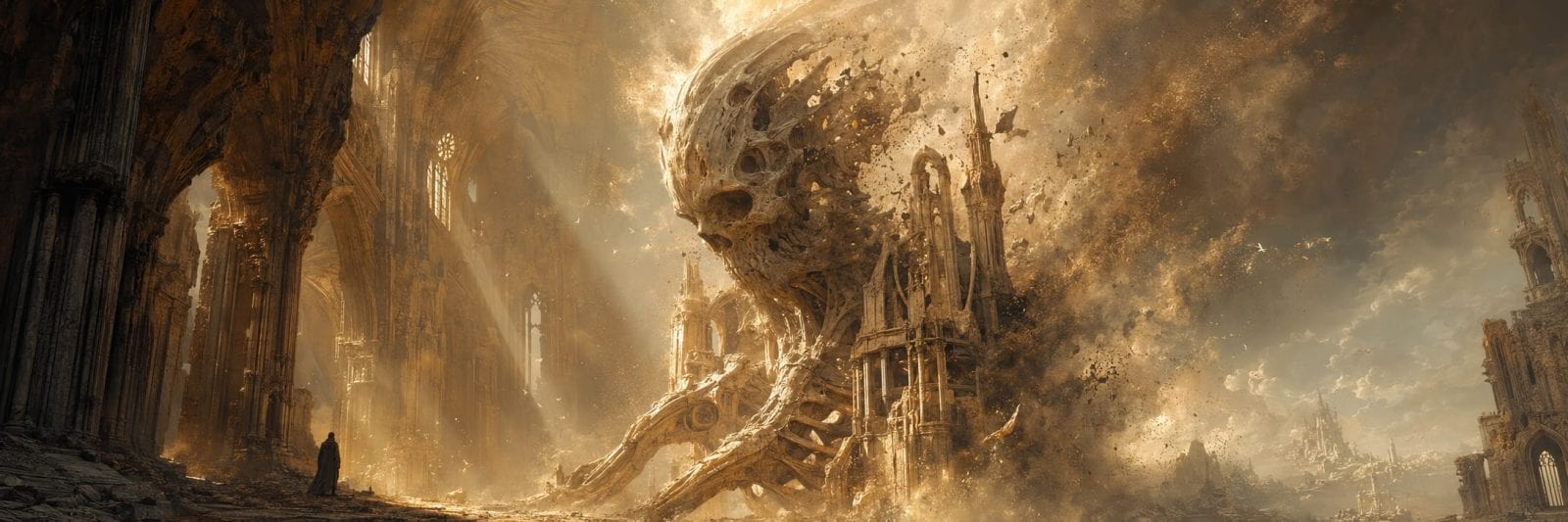 A lone figure confronts a crumbling skull among ancient ruins beneath a swirling golden sky.