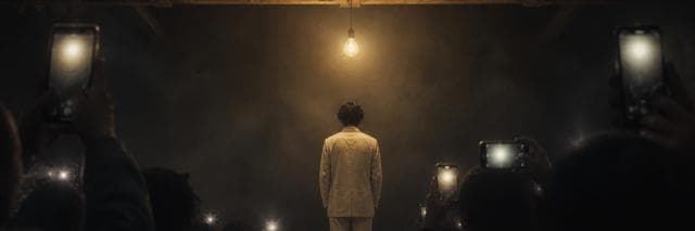 An anonymous figure in a pale suit stands beneath a single warm bulb while a surrounding crowd raises glowing phones in a dark hall.