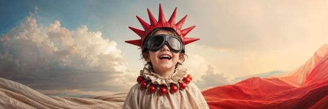 Smiling child in a costume, wearing a red crown and large goggles, stands outdoors with swirling clouds in the background.