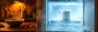 Toilet paper on a frosty freezer shelf; food and red chili peppers on a wooden counter.