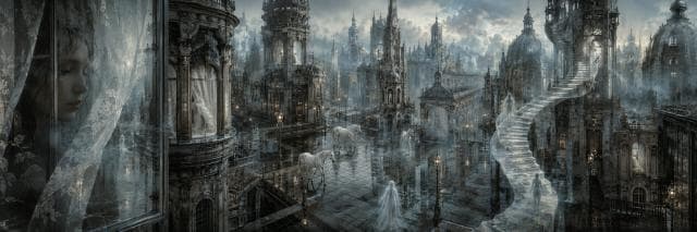 Misty, ornate city with grand towers and winding staircases, featuring ghostly figures and a sense of mystery and chaos.