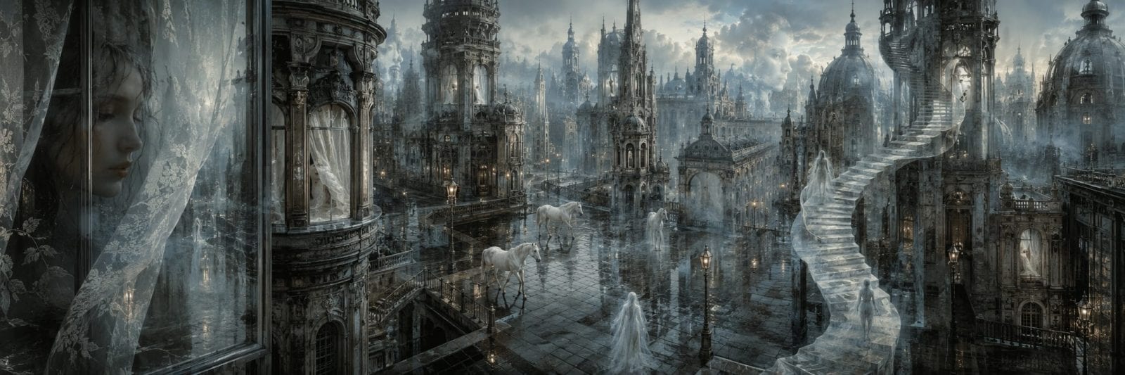 Misty, ornate city with grand towers and winding staircases, featuring ghostly figures and a sense of mystery and chaos.