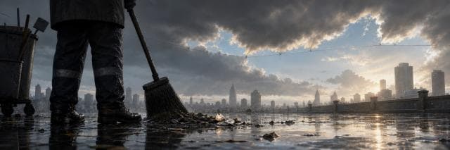 A rain-soaked city skyline is held together by a thread while a broom uncovers pieces of sky at first light.