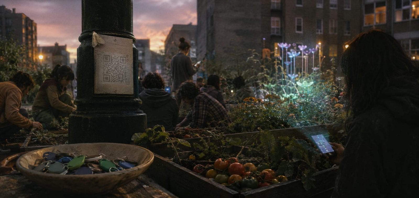People in a surreal urban garden harvest vegetables while someone uses a tablet near unique keychains.