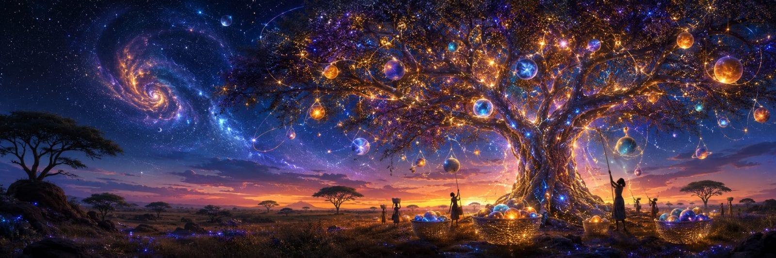 People gather glowing planets from baskets beneath a radiant tree filled with celestial fruit under a galaxy sky.