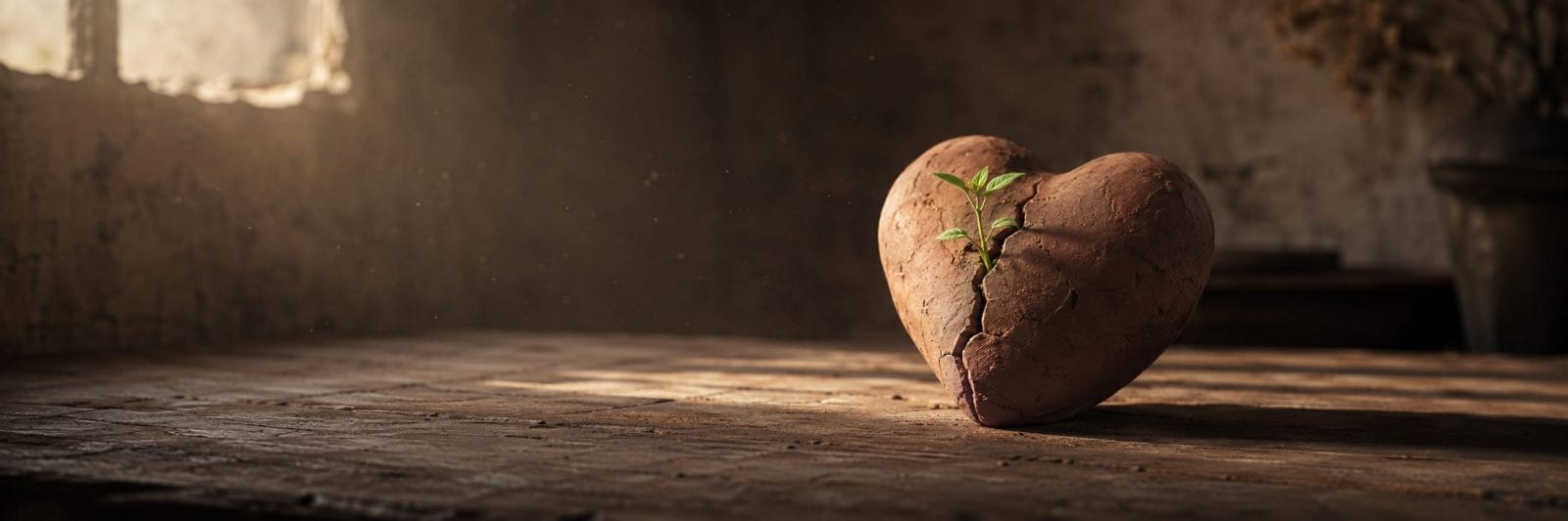 A cracked heart-shaped stone with a small green plant sprouting from it rests on a wooden table.