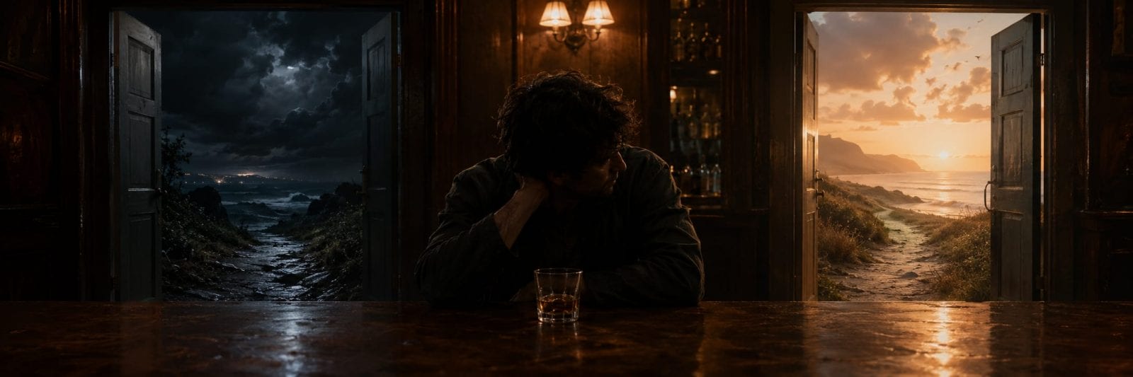 A person sits at a bar with two doors behind—one opens to darkness and chaos, the other to a sunset beach; the mood is contemplative.