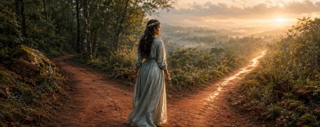 A woman stands at a forked dirt path in nature at sunrise, contemplating which trail to take.
