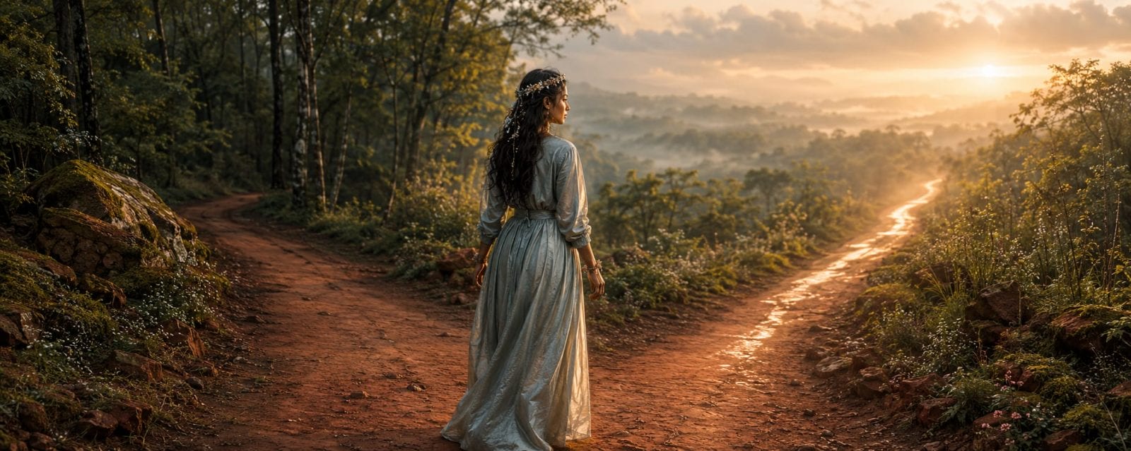 A woman stands at a forked dirt path in nature at sunrise, contemplating which trail to take.