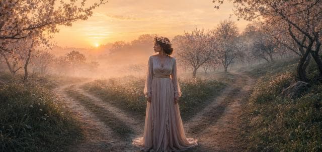A woman in a long dress stands at a fork in a dirt path, surrounded by blossoming trees during sunrise or sunset.