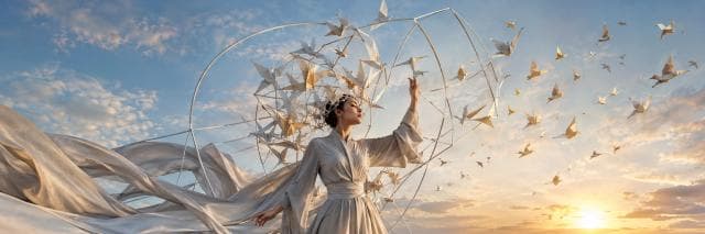 Woman in flowing robes at sunset reaches for origami birds swirling around a geometric structure, creating a surreal scene.