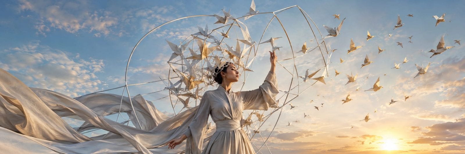 Woman in flowing robes at sunset reaches for origami birds swirling around a geometric structure, creating a surreal scene.