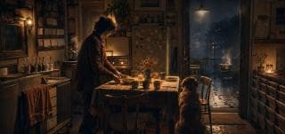 A person sets a table in a surreal kitchen at night, with a fantastical dog nearby and rain visible outside.