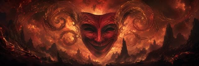 A large red theatrical mask with an eerie smile floats amid surreal fiery clouds and chaotic rocky spires.
