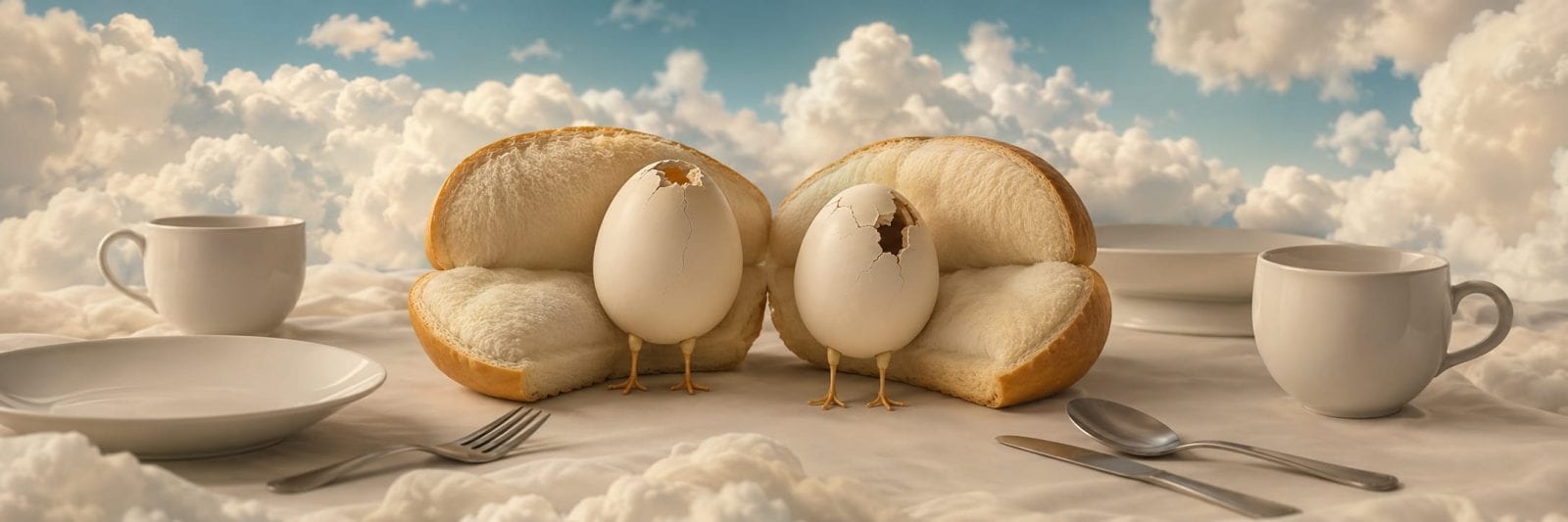 Two eggs with chicken feet in split rolls sit among plates and cups under a sky filled with clouds.