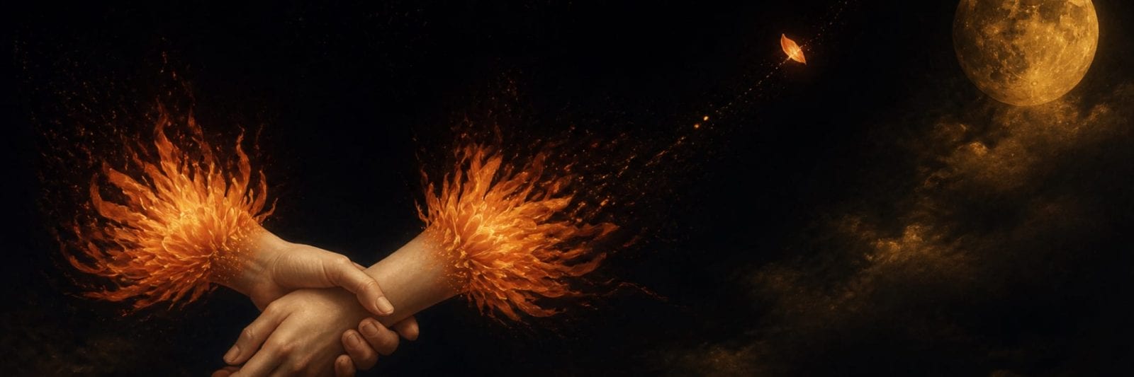 Two hands meet beneath flower-like orange flames while a small bright ember rises through a black sky toward a distant gold moon.