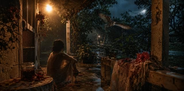 A person sits on a rainy porch at night, deep in thought, as an owl glides by.