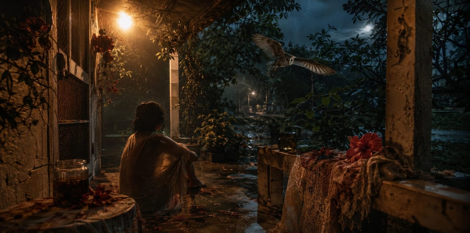 A person sits on a rainy porch at night, deep in thought, as an owl glides by.