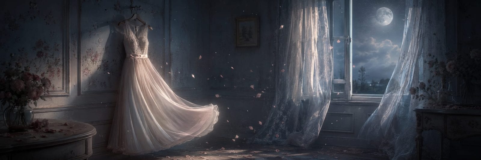 White dress hanging in a vintage room with drifting petals and sheer curtains reflecting nature.
