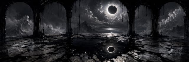 A ruined stone structure overlooks a chaotic landscape with mountains, water, and a solar eclipse mirrored in puddles.
