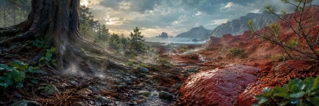 Tree roots and rocks by a red stream reflect misty mountains under a cloudy sky, creating a dreamlike natural scene.