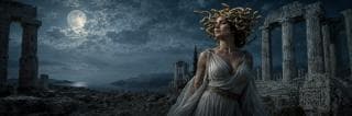 A woman with snake hair, resembling Medusa, stands among ancient ruins under a full moon.