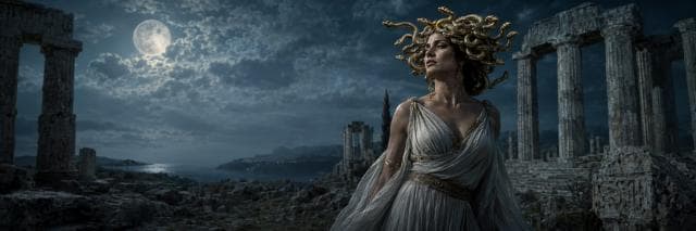 A woman with snake hair, resembling Medusa, stands among ancient ruins under a full moon.