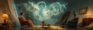 Two people sit facing each other as a vast cloudscape between them forms human profiles and an elephant.