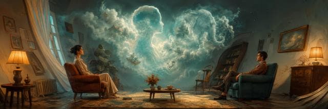 Two people sit facing each other as a vast cloudscape between them forms human profiles and an elephant.