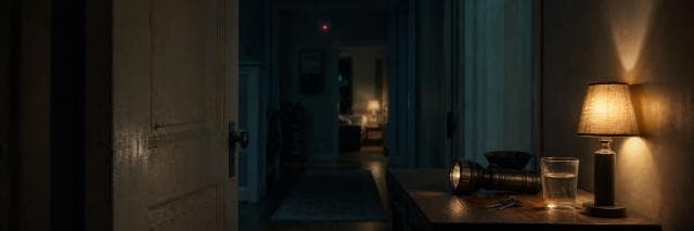 A hallway with a table holding a lamp, keys, water, and flashlight; several rooms are visible in the background.