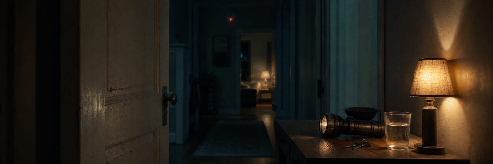 A hallway with a table holding a lamp, keys, water, and flashlight; several rooms are visible in the background.
