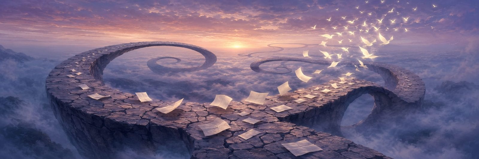 Stone paths curve above clouds at sunset as paper transforms into birds, creating a surreal scene reflecting nature and transformation.