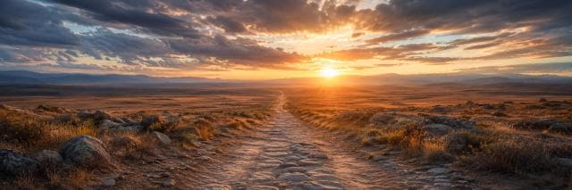 A rocky dirt path winds through open plains under cloudy skies with distant mountains on the horizon.