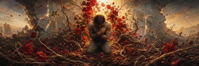A person kneels on soil surrounded by red flowers and vines as light streams through broken walls, reflecting nature in chaos.