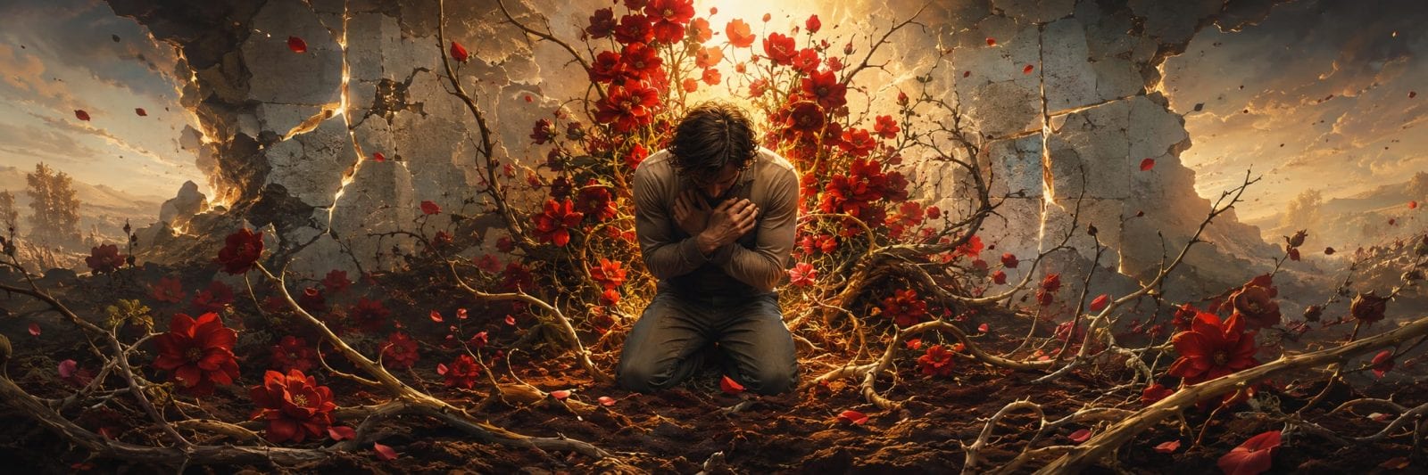 A person kneels on soil surrounded by red flowers and vines as light streams through broken walls, reflecting nature in chaos.