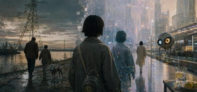 Four people and a robot dog walk determinedly in a bleak area as a robotic city rises behind a glowing digital barrier.