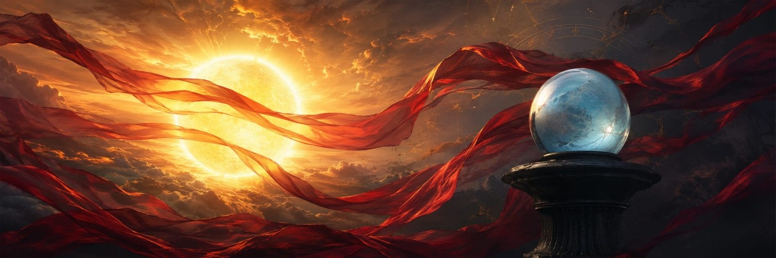 A glowing sun with red ribbons above a blue crystal orb on a pedestal, surrounded by swirling chaos.