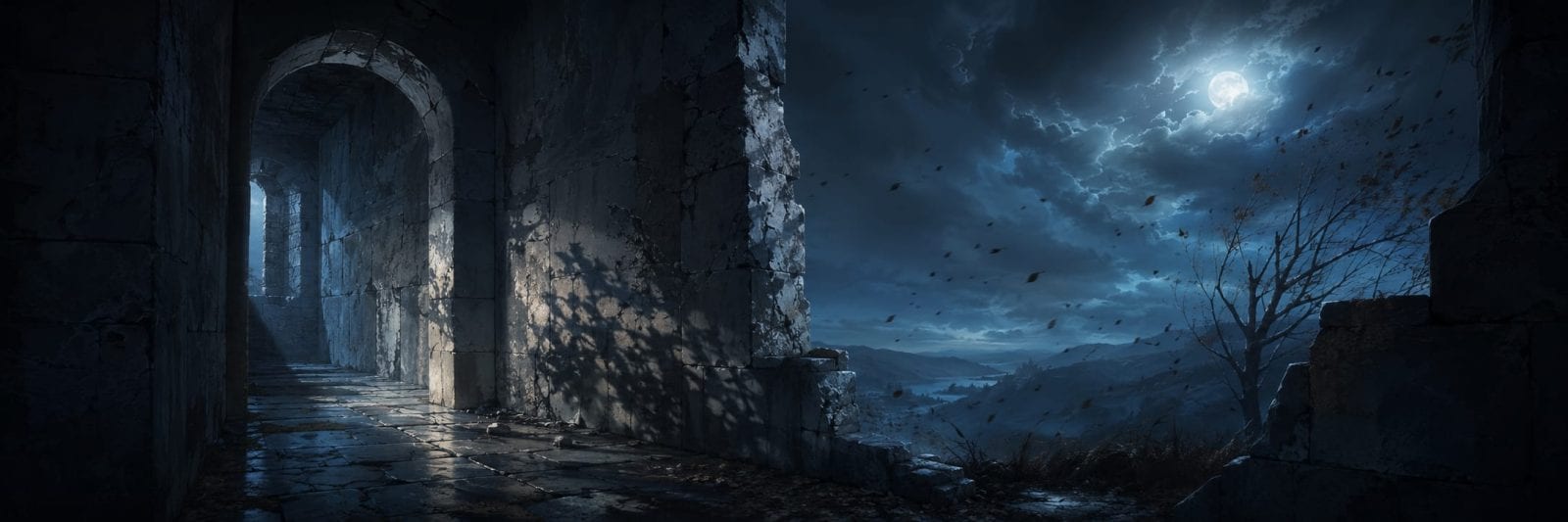 Stone arches in moonlit ruins, a barren tree and scattered leaves under a cloudy, mysterious sky evoke strength and spirit.
