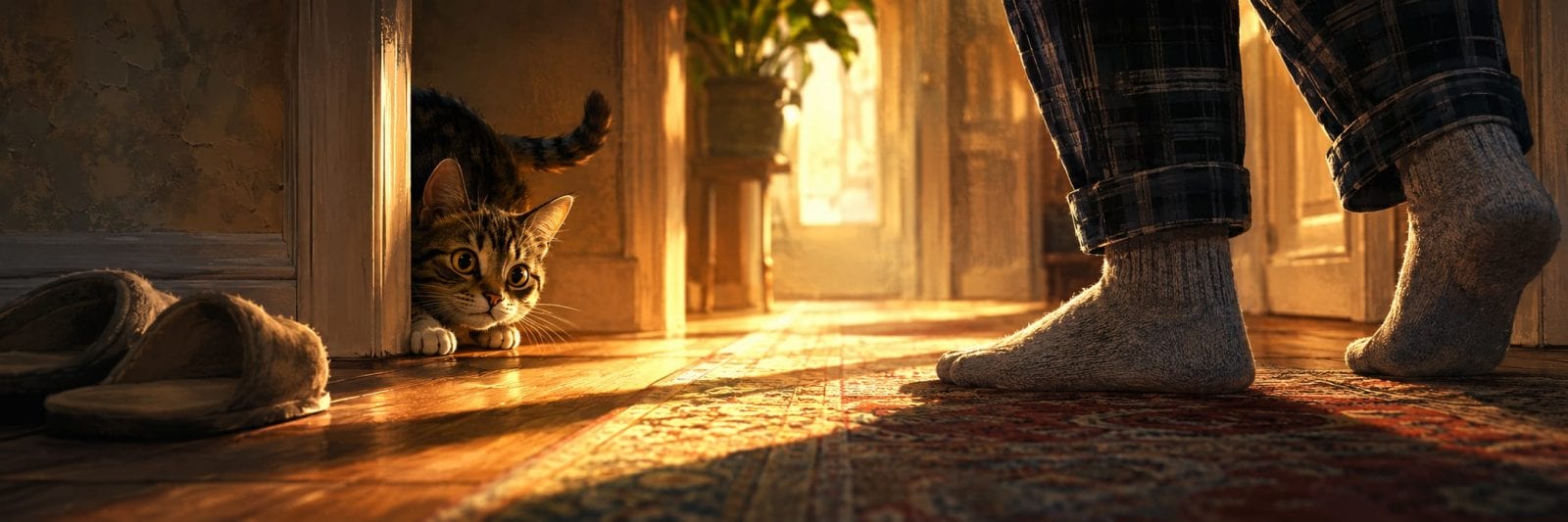 A cat crouches as someone in socks and pajamas stands near hallway slippers.