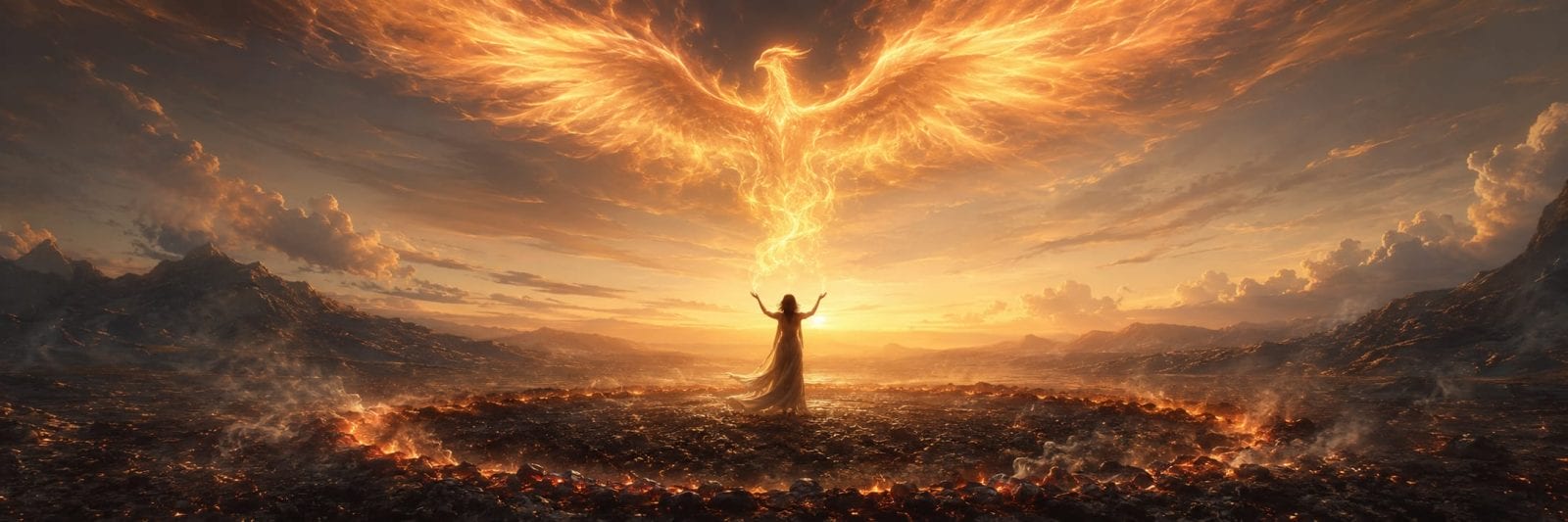 A figure stands in a fiery circle, arms lifted toward a phoenix soaring above against a dramatic sky.