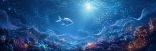 A fish swims underwater among coral and glowing plants, surrounded by swirling schools.