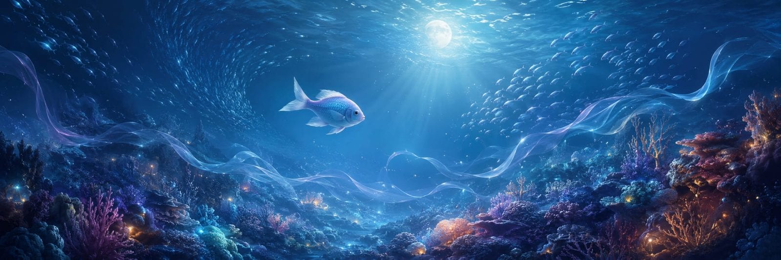 A fish swims underwater among coral and glowing plants, surrounded by swirling schools.