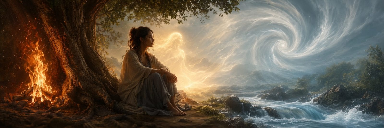 A woman sits by a fire under a tree as Strength & Spirit glow, with swirling clouds and a mysterious figure nearby.