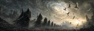 Hooded figures move through a ruined city under a swirling sky, with birds and debris overhead.