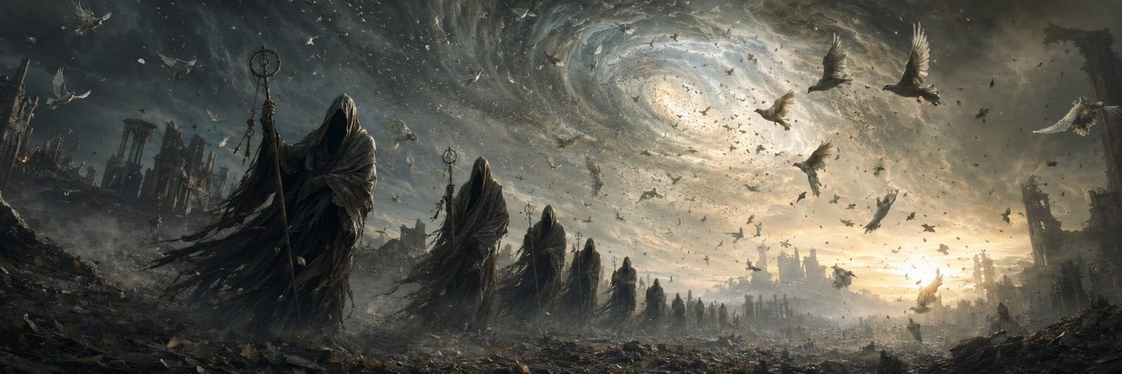 Hooded figures move through a ruined city under a swirling sky, with birds and debris overhead.