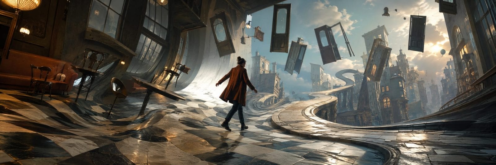 A person walks on a wavy checkerboard floor among floating doors and buildings beneath a partly cloudy sky.