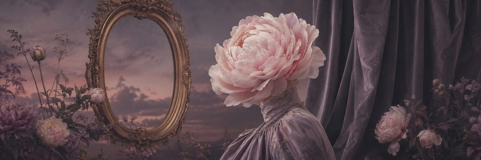 A peony-headed figure in purple sits by an ornate mirror, surrounded by reflections of nature in a surreal scene.