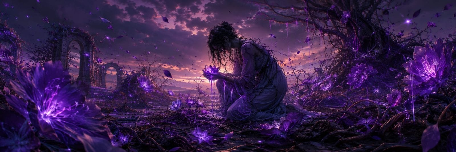 A person kneels at sunset among glowing purple flowers and twisted vines beneath a dramatic sky.