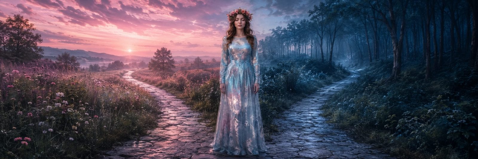 A woman in a floral dress stands at a forked stone path, with nature and reflection separating each side.